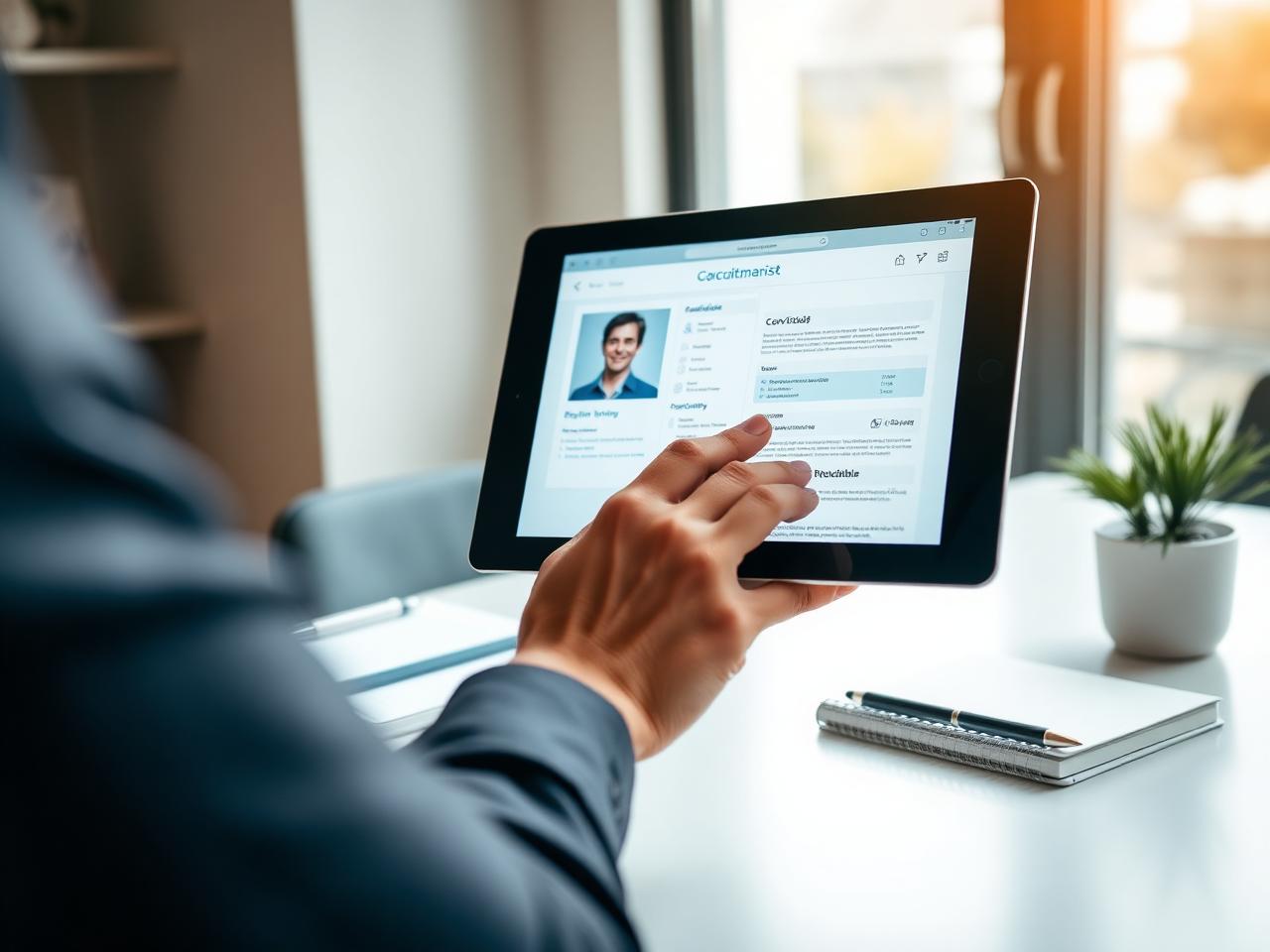 Personalberaterin prüft Kandidatenprofil auf einem Tablet – exklusive Kandidatensuche auf Mandatsbasis